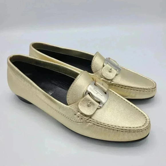 Salvatore Ferragamo Gold Metallic Leather Driving Loafers Flats Italy 5.5 - Picture 1 of 16